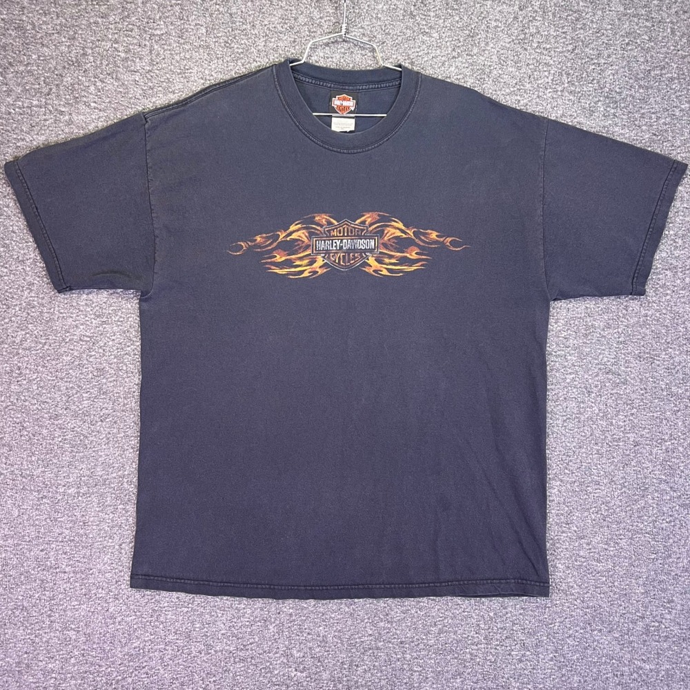 Harley Davidson Shirt Mens XL Black Flame Graphic Zanesville Ohio Biker Vintage